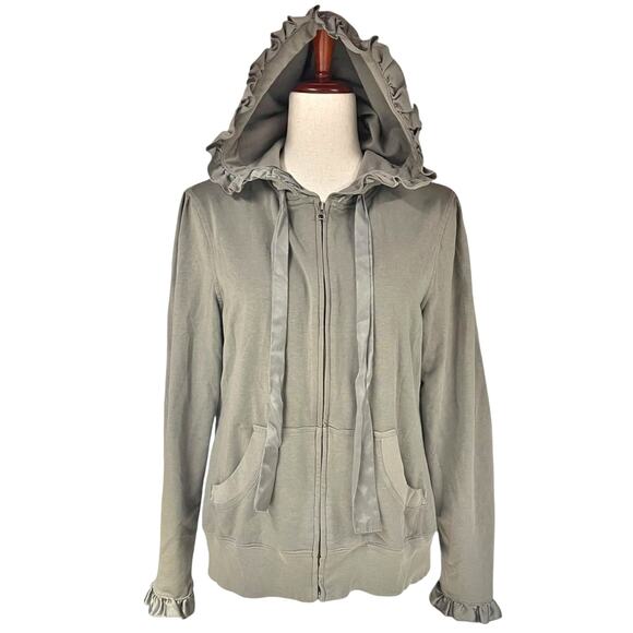 TRUE GRIT Full-Zip Ruffle Trim Hoodie in Dusty Olive Green Size M Forest Fairy - Picture 1 of 8